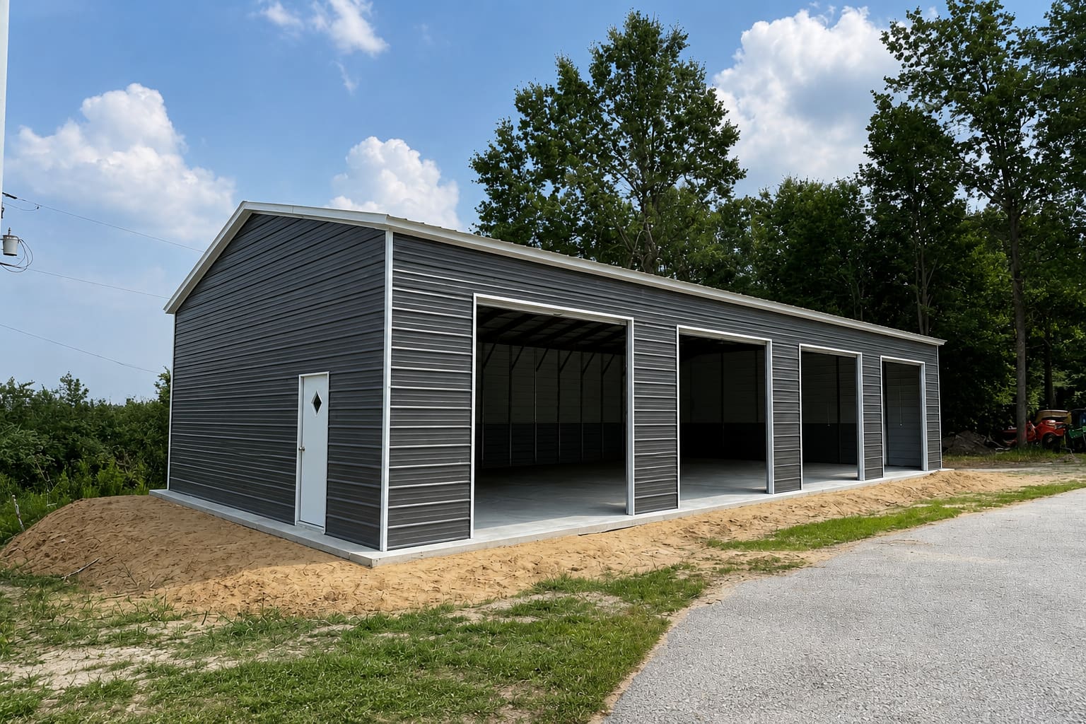 Gray metal garage with white trim, a walk-in door and four open bays along the side