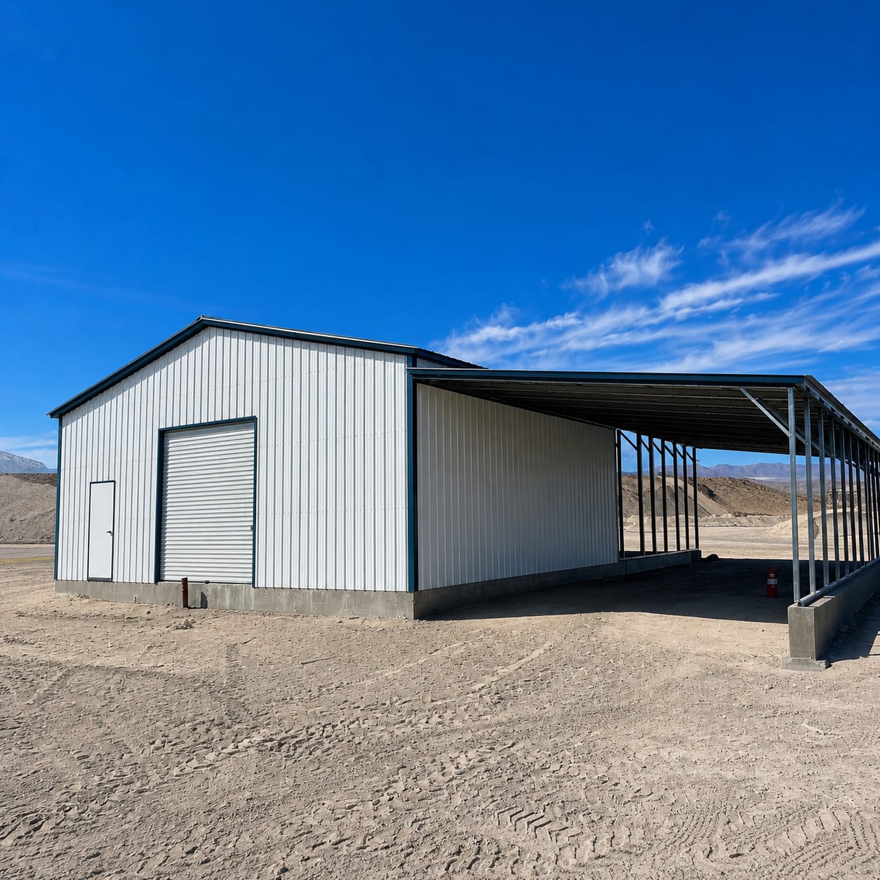 White metal building with dark trim, a roll-up door and a long open lean-to along one side