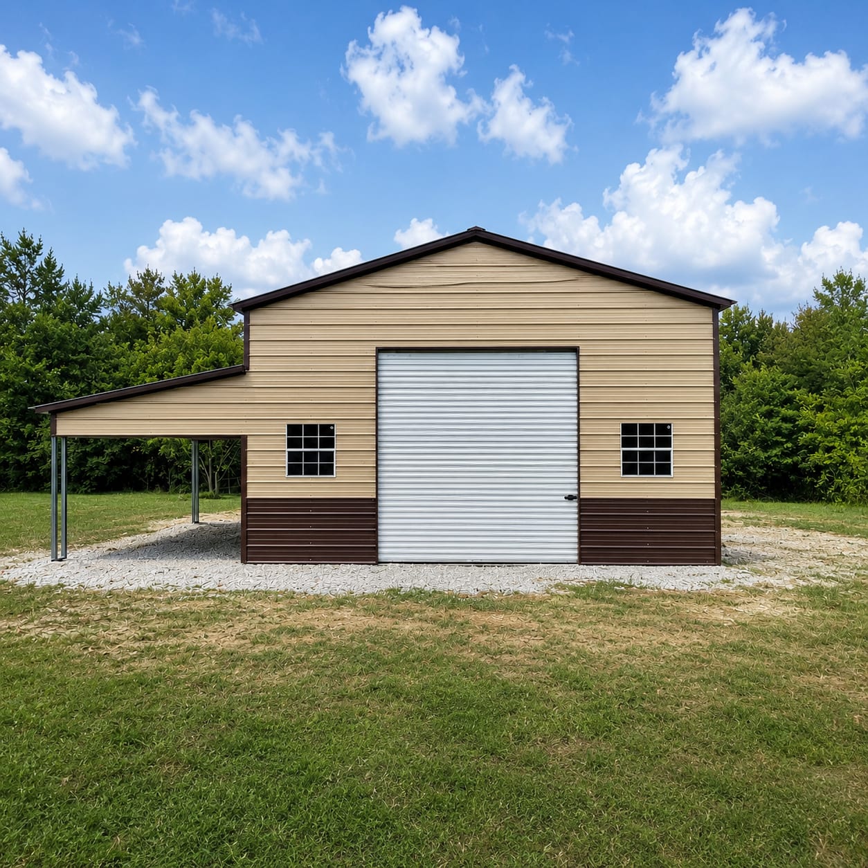 Tan metal building with brown wainscot and trim, a large white roll-up door, two windows and an open lean-to